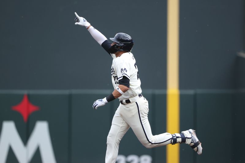 Oct 3, 2023; Minneapolis, Minnesota, USA; Minnesota Twins short stop Royce Lewis (23) celebrates after hitting a home run in the third inning against the Toronto Blue Jays during game one of the Wildcard series for the 2023 MLB playoffs at Target Field. Mandatory Credit: Jesse Johnson-USA TODAY Sports