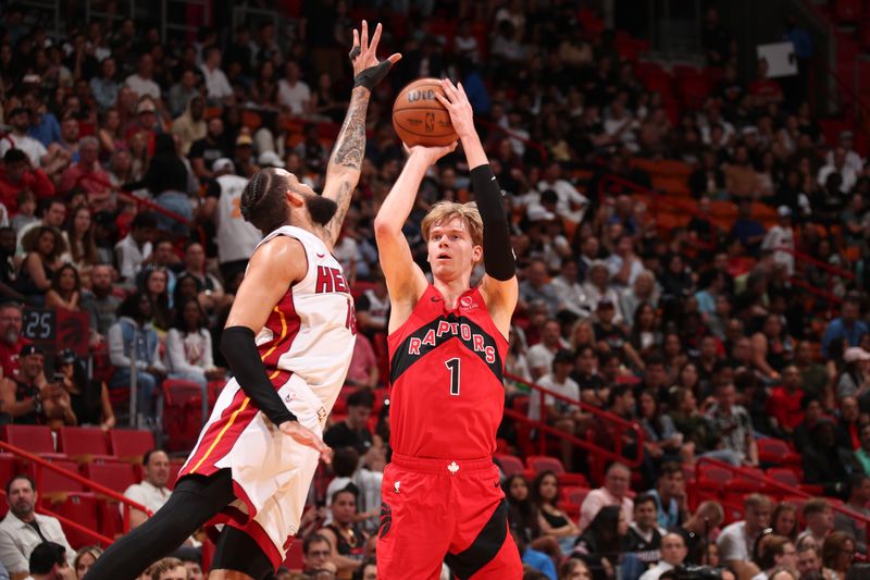 MIAMI, FL - APRIL 12: Gradey Dick #1 of the Toronto Raptors shoots the ball during the game against the Miami Heat on April 12, 2024 at Kaseya Center in Miami, Florida. NOTE TO USER: User expressly acknowledges and agrees that, by downloading and or using this Photograph, user is consenting to the terms and conditions of the Getty Images License Agreement. Mandatory Copyright Notice: Copyright 2024 NBAE (Photo by Issac Baldizon/NBAE via Getty Images)