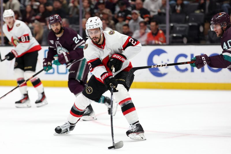 Mar 6, 2024; Anaheim, California, USA;  Ottawa Senators defenseman Artem Zub (2) controls the puck during the second period against the Anaheim Ducks at Honda Center. Mandatory Credit: Kiyoshi Mio-USA TODAY Sports