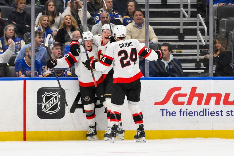 Nov 28, 2025; St. Louis, Missouri, USA; Ottawa Senators left wing Fabian Zetterlund (20) is congratulated by left wing Brady Tkachuk (7) and center Dylan Cozens (24) after scoring against the St. Louis Blues during the second period at Enterprise Center. Mandatory Credit: Jeff Curry-Imagn Images