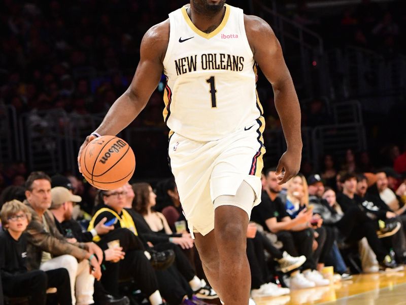 LOS ANGELES, CA - FEBRUARY 9:  Zion Williamson #1 of the New Orleans Pelicans handles the ball during the game against the Los Angeles Lakers on February 9, 2024 at Crypto.Com Arena in Los Angeles, California. NOTE TO USER: User expressly acknowledges and agrees that, by downloading and/or using this Photograph, user is consenting to the terms and conditions of the Getty Images License Agreement. Mandatory Copyright Notice: Copyright 2024 NBAE (Photo by Adam Pantozzi/NBAE via Getty Images)