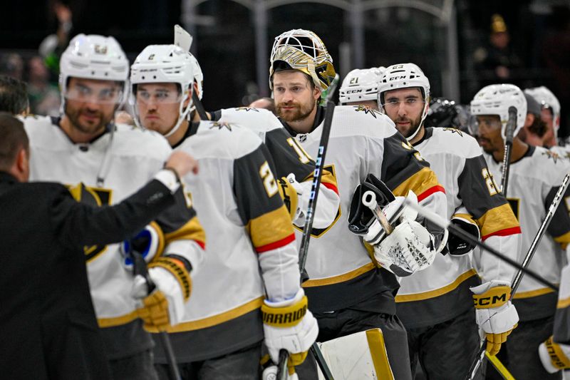 May 5, 2024; Dallas, Texas, USA; Vegas Golden Knights goaltender Adin Hill (33) and the Golden Knights wait to shake hands with the Dallas Stars after the Stars defeat the Golden Knights in game seven of the first round of the 2024 Stanley Cup Playoffs at American Airlines Center. Mandatory Credit: Jerome Miron-USA TODAY Sports