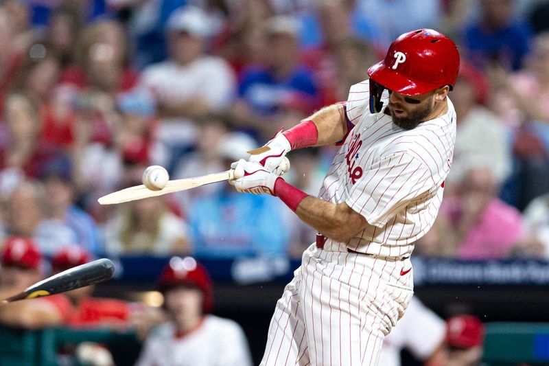 May 7, 2024; Philadelphia, Pennsylvania, USA; Philadelphia Phillies first base Kody Clemens (2) breaks his bat on a ground out in the eighth inning against the Toronto Blue Jays at Citizens Bank Park. Mandatory Credit: Bill Streicher-USA TODAY Sports