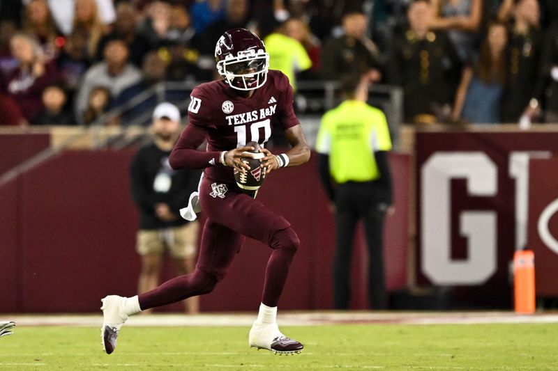 Nov 16, 2024; College Station, Texas, USA; Texas A&M Aggies quarterback Marcel Reed (10) runs the ball during the first half against the New Mexico State Aggies at Kyle Field. Mandatory Credit: Maria Lysaker-Imagn Images 