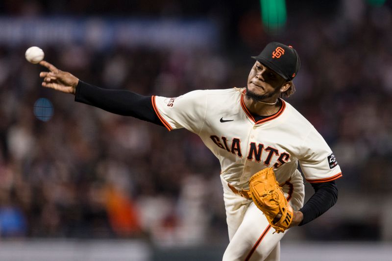 Jun 10, 2024; San Francisco, California, USA; San Francisco Giants closing pitcher Camilo Doval (75) throws against the Houston Astros during the ninth inning at Oracle Park. Mandatory Credit: John Hefti-USA TODAY Sports