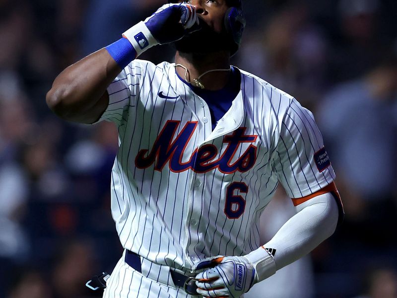 Jun 12, 2024; New York City, New York, USA; New York Mets right fielder Starling Marte (6) rounds the bases after hitting a solo home run against the Miami Marlins during the fifth inning at Citi Field. Mandatory Credit: Brad Penner-USA TODAY Sports