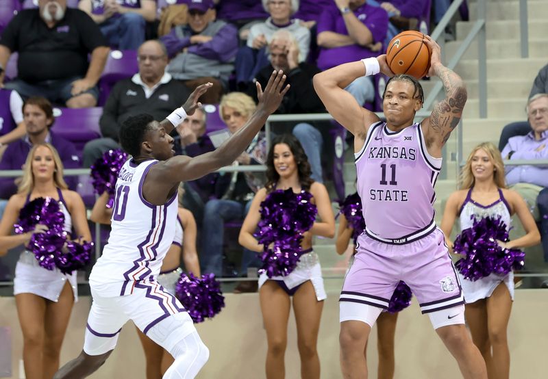 Jan 14, 2023; Fort Worth, Texas, USA;  Kansas State Wildcats forward Keyontae Johnson (11) looks to pass past TCU Horned Frogs guard Damion Baugh (10) during the first half at Ed and Rae Schollmaier Arena. Mandatory Credit: Kevin Jairaj-USA TODAY Sports