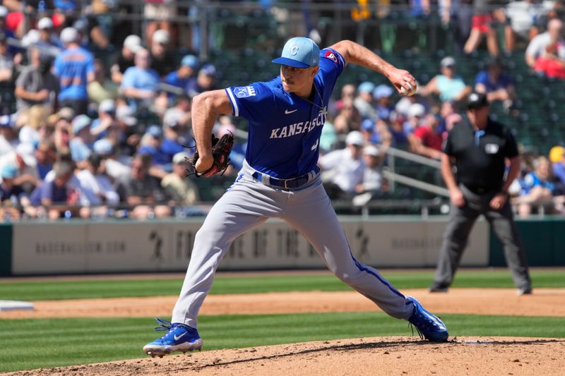 Mar 10, 2024; Mesa, Arizona, USA; Kansas City Royals pitcher Evan Sisk (47) throws in the second inning against the Oakland Athletics at Hohokam Stadium. Mandatory Credit: Rick Scuteri-USA TODAY Sports