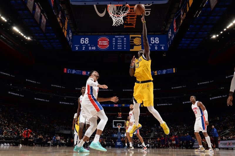 DETROIT, MI - OCTOBER 23: Pascal Siakam #43 of the Indiana Pacers drives to the basket during the game against the Detroit Pistons on October 23, 2024 at Little Caesars Arena in Detroit, Michigan. NOTE TO USER: User expressly acknowledges and agrees that, by downloading and/or using this photograph, User is consenting to the terms and conditions of the Getty Images License Agreement. Mandatory Copyright Notice: Copyright 2024 NBAE (Photo by Chris Schwegler/NBAE via Getty Images)