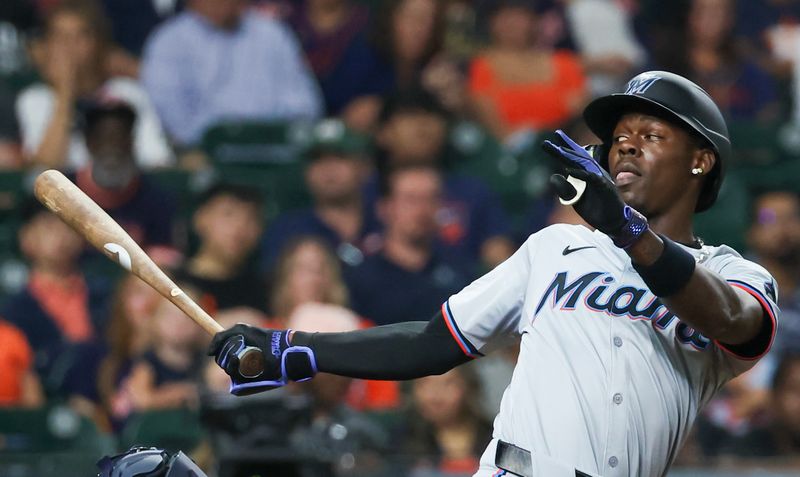 Jul 11, 2024; Houston, Texas, USA; Miami Marlins designated hitter Jazz Chisholm Jr. (2) reacts to his strikeout against the Houston Astros in the ninth inning at Minute Maid Park. Mandatory Credit: Thomas Shea-USA TODAY Sports