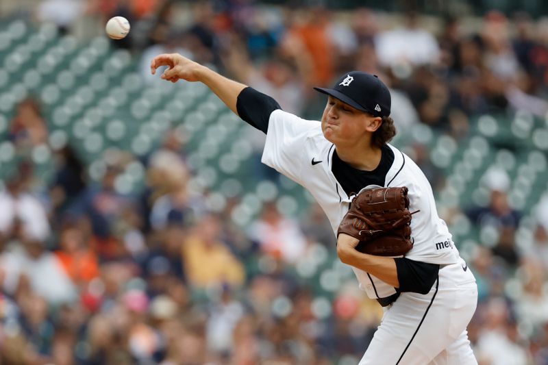 Sep 26, 2024; Detroit, Michigan, USA; Detroit Tigers pitcher Reese Olson throws against the Tampa Bay Rays in the first inning at Comerica Park. Mandatory Credit: Rick Osentoski-Imagn Images