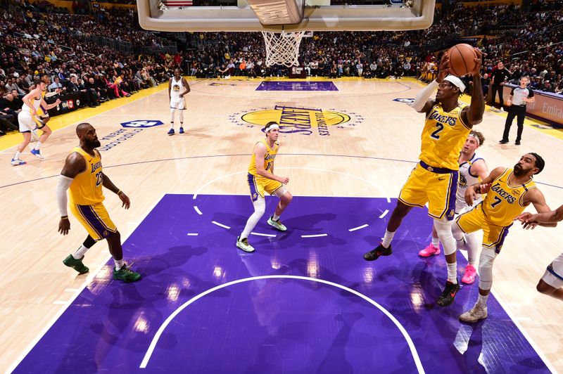 LOS ANGELES, CA - APRIL 3:   Jarred Vanderbilt #2 of the Los Angeles Lakers goes up for the rebound during the game against the Golden State Warriors  on April 3, 2025 at Crypto.Com Arena in Los Angeles, California. NOTE TO USER: User expressly acknowledges and agrees that, by downloading and/or using this Photograph, user is consenting to the terms and conditions of the Getty Images License Agreement. Mandatory Copyright Notice: Copyright 2025 NBAE (Photo by Adam Pantozzi/NBAE via Getty Images)