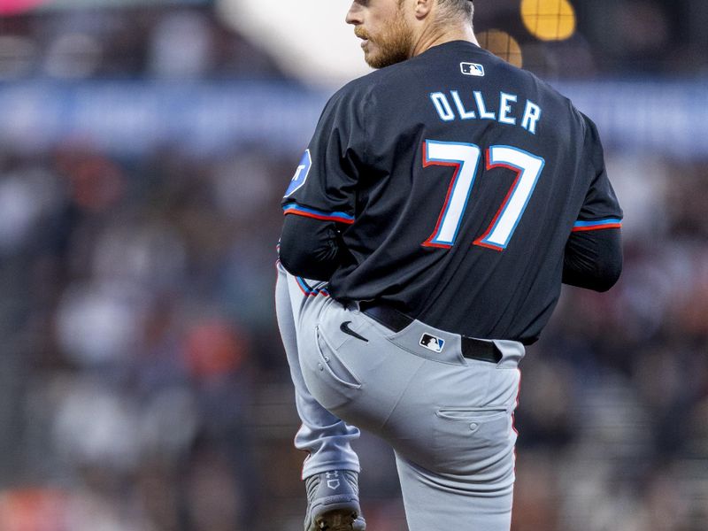 Aug 30, 2024; San Francisco, California, USA; Miami Marlins starting pitcher Adam Oller (77) throws against the San Francisco Giants during the first inning at Oracle Park. Mandatory Credit: John Hefti-USA TODAY Sports