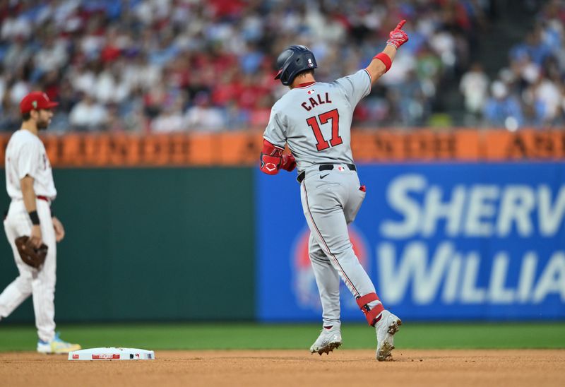 Aug 17, 2024; Philadelphia, Pennsylvania, USA; Washington Nationals outfielder Alex Call (17) reacts as he rounds the bases after hitting a home run against the Philadelphia Phillies in the fourth inning at Citizens Bank Park. Mandatory Credit: Kyle Ross-USA TODAY Sports