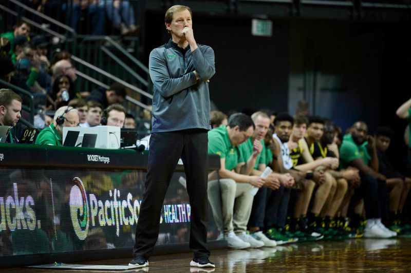 Feb 11, 2023; Eugene, Oregon, USA; Oregon Ducks head coach Dana Altman watches the game during the second half against the UCLA Bruins at Matthew Knight Arena. Mandatory Credit: Troy Wayrynen-USA TODAY Sports