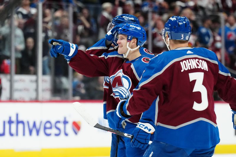 Dec 11, 2023; Denver, Colorado, USA; Colorado Avalanche forward Ben Meyers (59) celebrates his goal in the second period against the Calgary Flames at Ball Arena. Mandatory Credit: Ron Chenoy-USA TODAY Sports