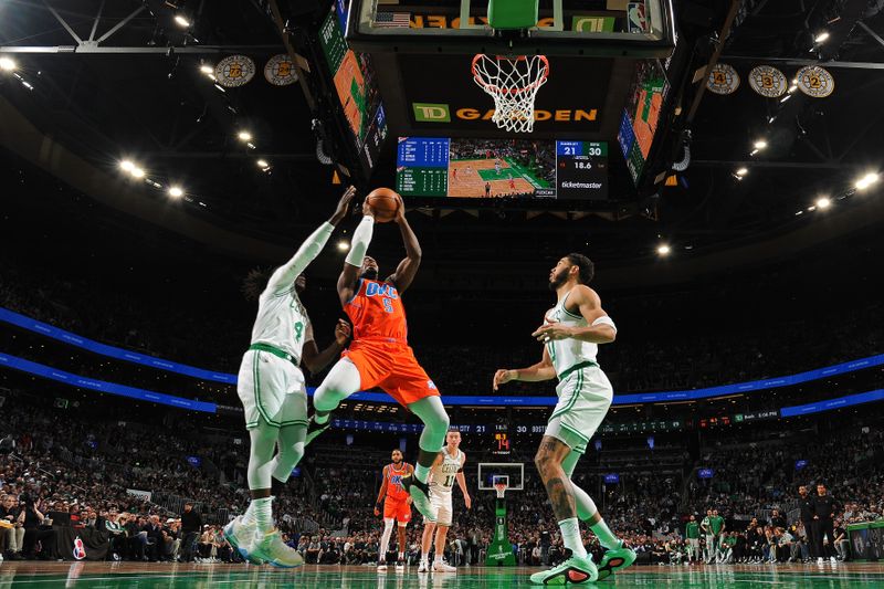 BOSTON, MA - APRIL 3: Luguentz Dort #5 of the Oklahoma City Thunder drives to the basket during the game against the Boston Celtics on April 3, 2024 at the TD Garden in Boston, Massachusetts. NOTE TO USER: User expressly acknowledges and agrees that, by downloading and or using this photograph, User is consenting to the terms and conditions of the Getty Images License Agreement. Mandatory Copyright Notice: Copyright 2024 NBAE  (Photo by Brian Babineau/NBAE via Getty Images)