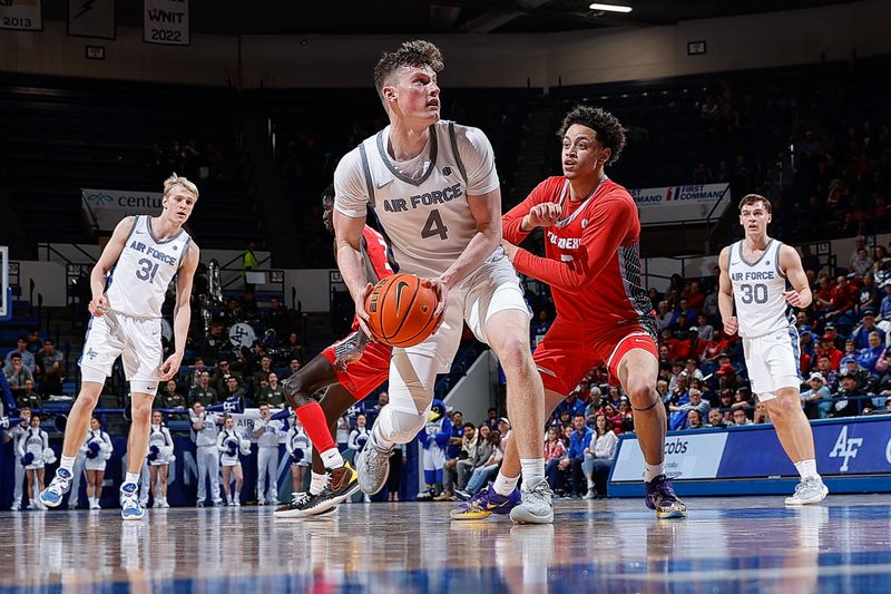 Feb 10, 2023; Colorado Springs, Colorado, USA; Air Force Falcons4\ controls the ball as New Mexico Lobos guard KJ Jenkins (0) guards in the second half at Clune Arena. Mandatory Credit: Isaiah J. Downing-USA TODAY Sports