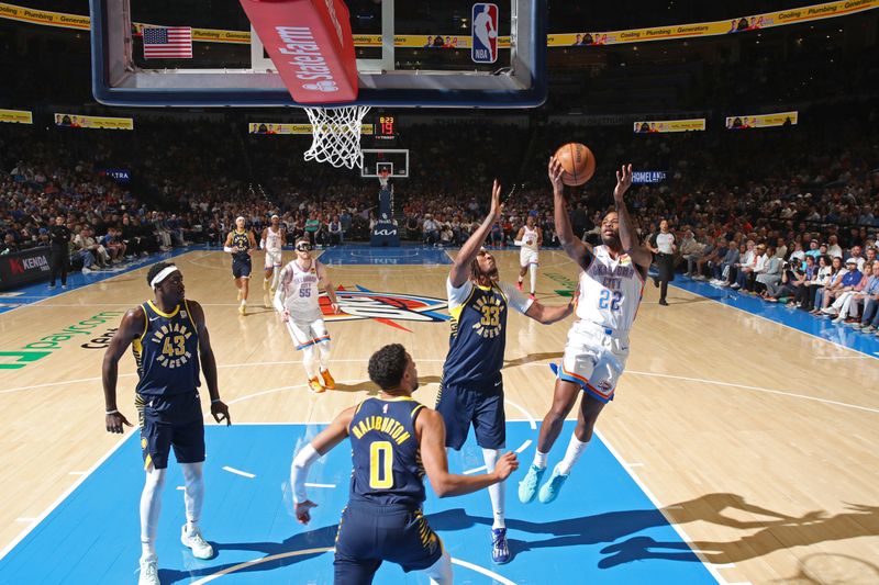 OKLAHOMA CITY, OK - MARCH 29: Cason Wallace #22 of the Oklahoma City Thunder shoots the ball during the game against the Indiana Pacers on March 29, 2025 at Paycom Center in Oklahoma City, Oklahoma. NOTE TO USER: User expressly acknowledges and agrees that, by downloading and or using this photograph, User is consenting to the terms and conditions of the Getty Images License Agreement. Mandatory Copyright Notice: Copyright 2025 NBAE (Photo by Zach Beeker/NBAE via Getty Images)