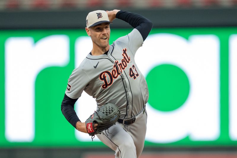 Jul 4, 2024; Minneapolis, Minnesota, USA; Detroit Tigers relief pitcher Joey Wentz (43) delivers a pitch in the fourth inning against the Minnesota Twins at Target Field. Mandatory Credit: Matt Blewett-USA TODAY Sports