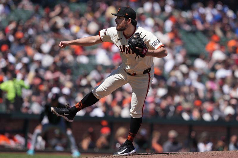 Apr 20, 2024; San Francisco, California, USA; San Francisco Giants pitcher Ryan Walker (74) throws a pitch during the fifth inning against the Arizona Diamondbacks at Oracle Park. Mandatory Credit: Darren Yamashita-USA TODAY Sports