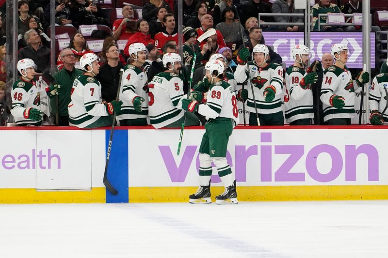 Jan 26, 2025; Chicago, Illinois, USA; Minnesota Wild center Frederick Gaudreau (89) celebrates his goal against the Chicago Blackhawks during the first period at United Center. Mandatory Credit: David Banks-Imagn Images