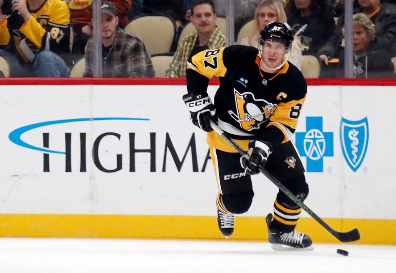 Oct 18, 2024; Pittsburgh, Pennsylvania, USA;  Pittsburgh Penguins center Sidney Crosby (87) skates with the puck against the Carolina Hurricanes during the second period at PPG Paints Arena. Mandatory Credit: Charles LeClaire-Imagn Images