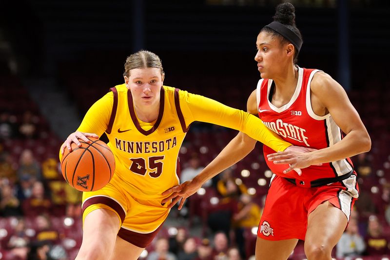 Feb 8, 2024; Minneapolis, Minnesota, USA; Minnesota Golden Gophers guard Grace Grocholski (25) works around Ohio State Buckeyes guard Taylor Thierry (2) during the first half at Williams Arena. Mandatory Credit: Matt Krohn-USA TODAY Sports