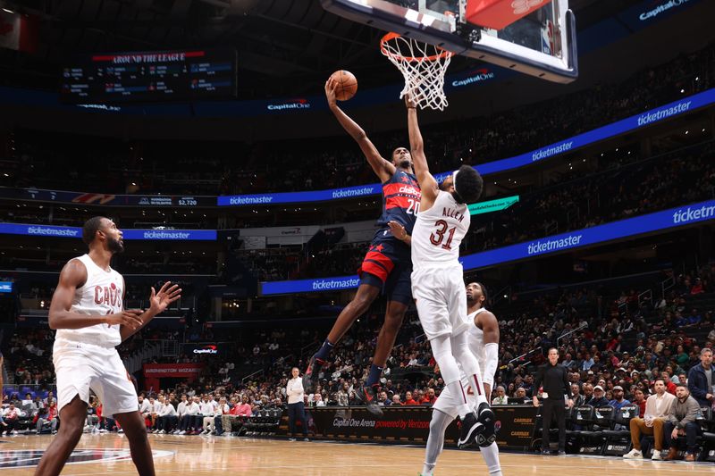 WASHINGTON, DC -? OCTOBER 26: Alexandre Sarr #20 of the Washington Wizards shoots the ball during the game against the Cleveland Cavaliers on October 26, 2024 at Capital One Arena in Washington, DC. NOTE TO USER: User expressly acknowledges and agrees that, by downloading and or using this Photograph, user is consenting to the terms and conditions of the Getty Images License Agreement. Mandatory Copyright Notice: Copyright 2024 NBAE (Photo by Kenny Giarla/NBAE via Getty Images)