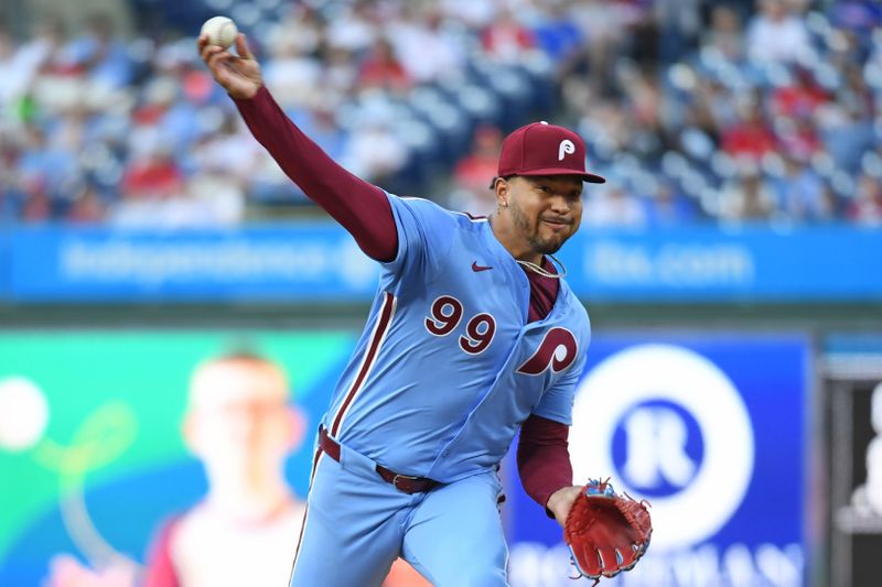 May 1, 2025; Philadelphia, Pennsylvania, USA; Philadelphia Phillies pitcher Taijuan Walker (99) throws a pitch during the first inning against the Washington Nationals at Citizens Bank Park. Mandatory Credit: Eric Hartline-Imagn Images