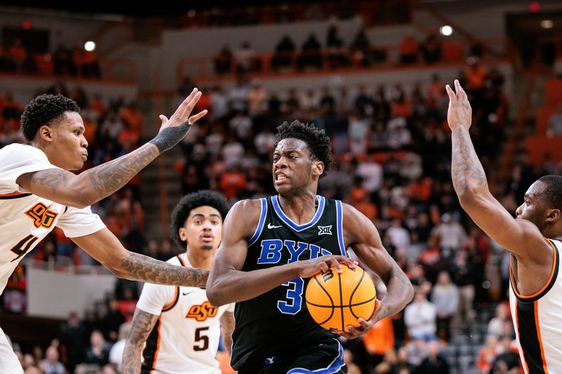 Feb 4, 2026; Stillwater, Oklahoma, USA; BYU Cougars forward AJ Dybantsa (3) drives during the second half against the Oklahoma State Cowboys at Gallagher-Iba Arena. Mandatory Credit: William Purnell-Imagn Images