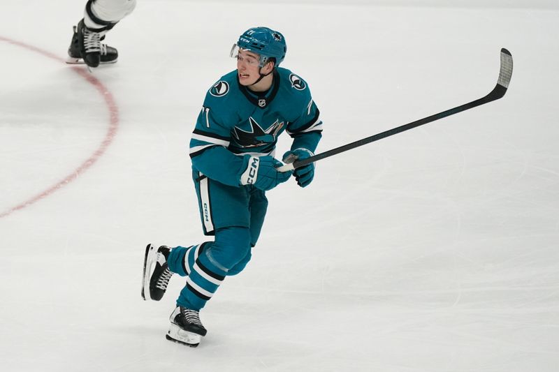 Nov 25, 2024; San Jose, California, USA; San Jose Sharks center Macklin Celebrini (71) awaits a pass while playing against the Los Angeles Kings in the third period at SAP Center at San Jose. Mandatory Credit: David Gonzales-Imagn Images