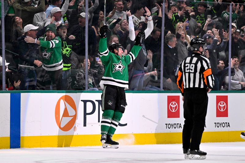 Mar 4, 2025; Dallas, Texas, USA; Dallas Stars defenseman Thomas Harley (55) celebrates after he scores the game winning goal against the New Jersey Devils during the third period at the American Airlines Center. Mandatory Credit: Jerome Miron-Imagn Images