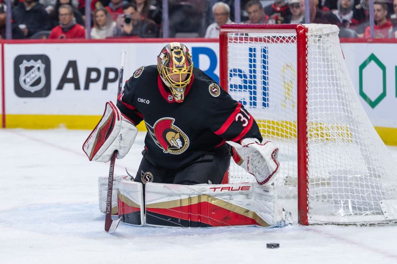 Jan 30, 2025; Ottawa, Ontario, CAN; Ottawa Senators goalie Anton Forsberg (31) follows the puck in the second period against the Washington Capitals at the Canadian Tire Centre. Mandatory Credit: Marc DesRosiers-Imagn Images