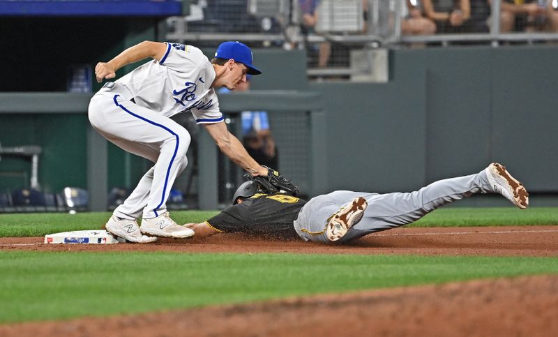 Aug 28, 2023; Kansas City, Missouri, USA;  Kansas City Royals third baseman Matt Duffy (15) tags out Pittsburgh Pirates Alfonso Rivas (6) at third base in the seventh inning at Kauffman Stadium. Mandatory Credit: Peter Aiken-USA TODAY Sports