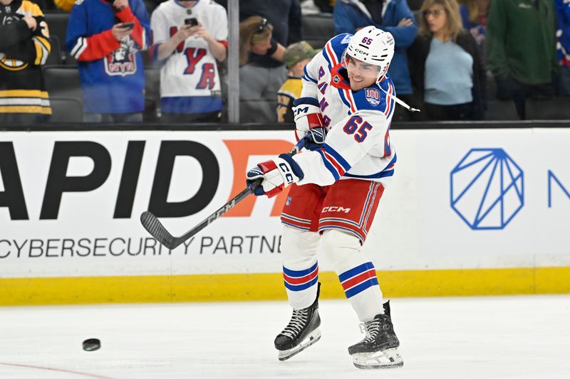 Oct 4, 2025; Boston, Massachusetts, USA; New York Rangers left wing Brett Berard (65) warms up before a game against the Boston Bruins at TD Garden. Mandatory Credit: Eric Canha-Imagn Images
