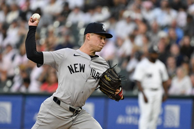 Aug 14, 2024; Chicago, Illinois, USA;  New York Yankees pitcher Will Warren (98) delivers against the Chicago White Sox during the first inning at Guaranteed Rate Field. Mandatory Credit: Matt Marton-USA TODAY Sports