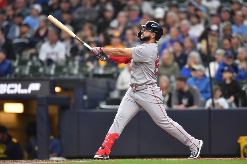 May 28, 2025; Milwaukee, Wisconsin, USA; Boston Red Sox right fielder Wilyer Abreu (52) hits a home run during the seventh inning against the Milwaukee Brewers at American Family Field. Mandatory Credit: Patrick Gorski-Imagn Images