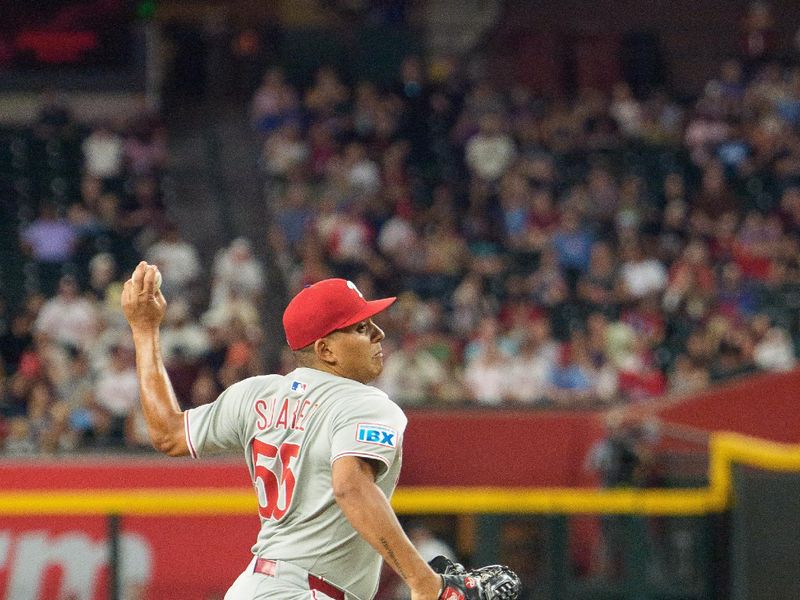 Sep 21, 2025; Phoenix, Arizona, USA; Philadelphia Phillies starting pitcher Ranger Suarez (55) on the mound in the second inning inning against the Arizona Diamondbacks at Chase Field. Mandatory Credit: Allan Henry-Imagn Images