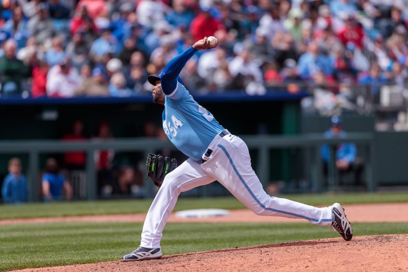 Apr 16, 2023; Kansas City, Missouri, USA; Kansas City Royals relief pitcher Aroldis Chapman (54) pitching during the seventh inning against the Atlanta Braves at Kauffman Stadium. Mandatory Credit: William Purnell-USA TODAY Sports