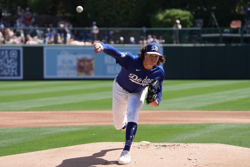 Mar 16, 2026; Phoenix, Arizona, USA; Los Angeles Dodgers pitcher Tyler Glasnow (31) throws against the Milwaukee Brewers in the first inning at Camelback Ranch-Glendale. Mandatory Credit: Rick Scuteri-Imagn Images