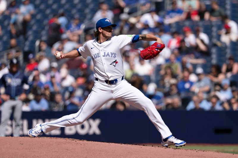 May 15, 2025; Toronto, Ontario, CAN;  Toronto Blue Jays pitcher Kevin Gausman (34) pitches to the Tampa Bay Rays during the first inning at Rogers Centre. Mandatory Credit: Kevin Sousa-Imagn Images