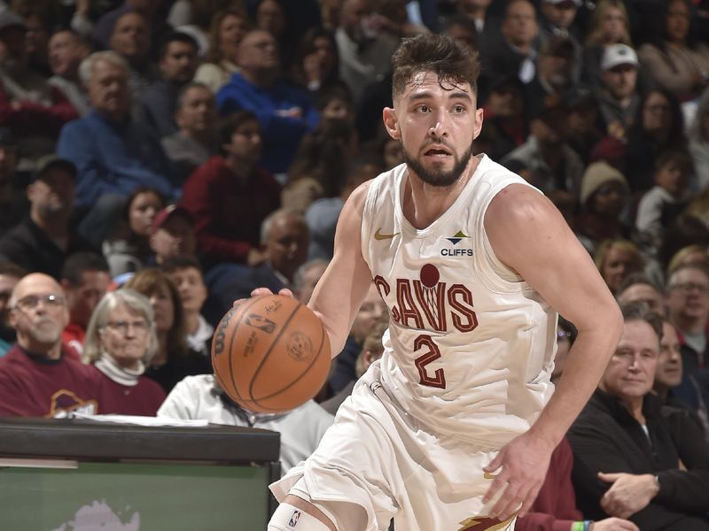 CLEVELAND, OH - JANUARY 27: Ty Jerome #2 of the Cleveland Cavaliers dribbles the ball during the game against the Detroit Pistons on January 27, 2025 at Rocket Mortgage FieldHouse in Cleveland, Ohio. NOTE TO USER: User expressly acknowledges and agrees that, by downloading and/or using this Photograph, user is consenting to the terms and conditions of the Getty Images License Agreement. Mandatory Copyright Notice: Copyright 2025 NBAE (Photo by David Liam Kyle/NBAE via Getty Images)