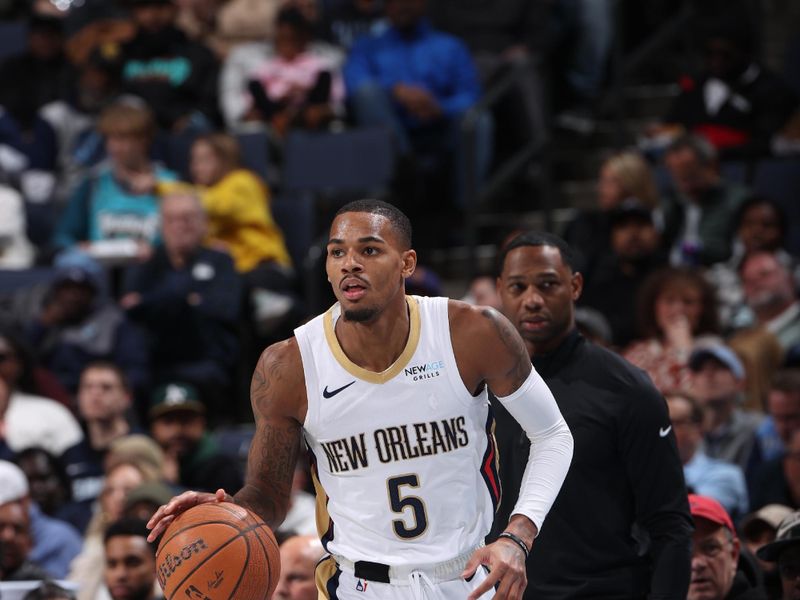 MEMPHIS, TN - NOVEMBER 29: Dejounte Murray #5 of the New Orleans Pelicans handles the ball during the game against the Memphis Grizzlies during the Emirates NBA Cup game on November 29, 2024 at FedExForum in Memphis, Tennessee. NOTE TO USER: User expressly acknowledges and agrees that, by downloading and or using this photograph, User is consenting to the terms and conditions of the Getty Images License Agreement. Mandatory Copyright Notice: Copyright 2024 NBAE (Photo by Joe Murphy/NBAE via Getty Images)