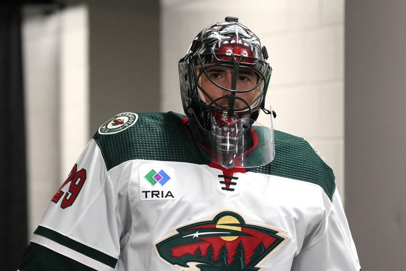 Mar 11, 2023; San Jose, California, USA; Minnesota Wild goaltender Marc-Andre Fleury (29) walks towards the ice before the game against the San Jose Sharks at SAP Center at San Jose. Mandatory Credit: Darren Yamashita-USA TODAY Sports