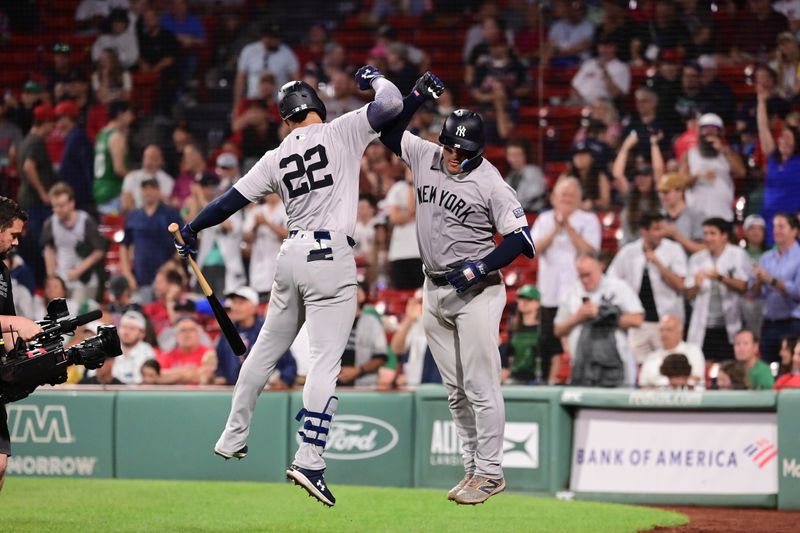 Jun 14, 2024; Boston, Massachusetts, USA; New York Yankees catcher Jose Trevino (39) celebrates a home run against the Boston Red Sox with left fielder Juan Soto (22) during the ninth inning at Fenway Park. Mandatory Credit: Eric Canha-USA TODAY Sports