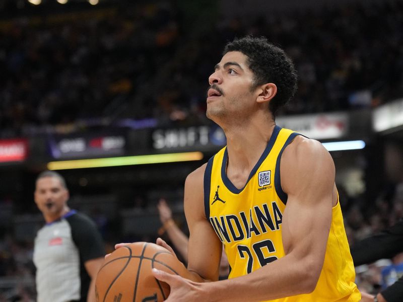 INDIANAPOLIS, IN - NOVEMBER 10: Ben Sheppard #26 of the Indiana Pacers shoots the ball during the game against the New York Knicks on November 10, 2024 at Gainbridge Fieldhouse in Indianapolis, Indiana. NOTE TO USER: User expressly acknowledges and agrees that, by downloading and or using this Photograph, user is consenting to the terms and conditions of the Getty Images License Agreement. Mandatory Copyright Notice: Copyright 2024 NBAE (Photo by A.J. Mast/NBAE via Getty Images)