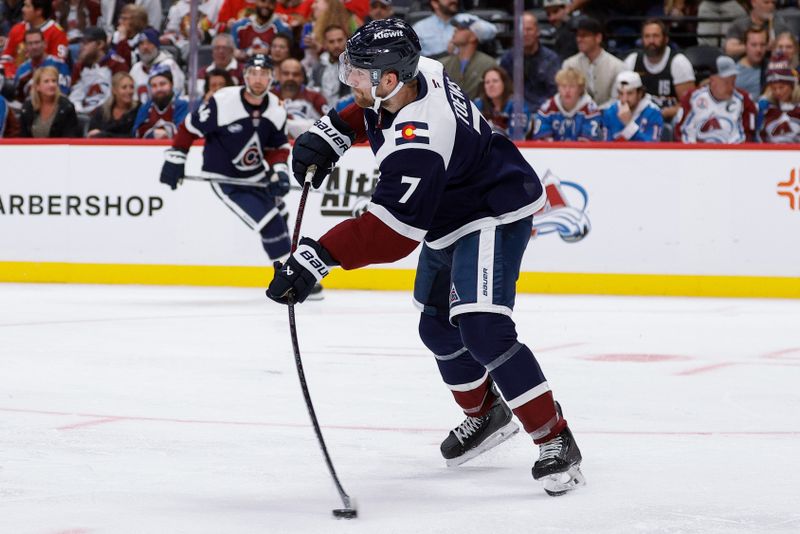 Oct 28, 2024; Denver, Colorado, USA; Colorado Avalanche defenseman Devon Toews (7) controls the puck in the third period against the Chicago Blackhawks at Ball Arena. Mandatory Credit: Isaiah J. Downing-Imagn Images