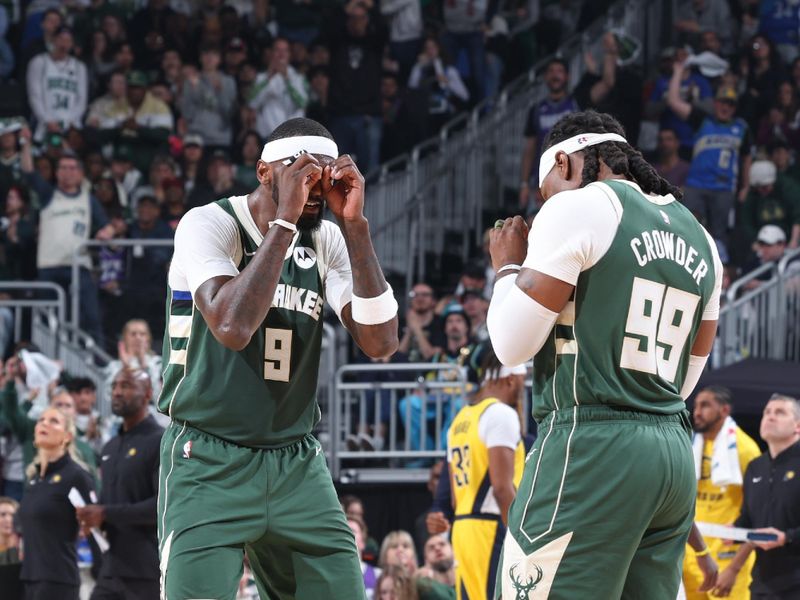 MILWAUKEE, WI - APRIL 21:  Bobby Portis #9 of the Milwaukee Bucks & Jae Crowder #99 of the Milwaukee Bucks  celebrate during the game against the Indiana Pacers during Round 1 Game 1 of the 2024 NBA Playoffs  on April 21, 2024 at the Fiserv Forum Center in Milwaukee, Wisconsin. NOTE TO USER: User expressly acknowledges and agrees that, by downloading and or using this Photograph, user is consenting to the terms and conditions of the Getty Images License Agreement. Mandatory Copyright Notice: Copyright 2024 NBAE (Photo by Jeff Haynes/NBAE via Getty Images).