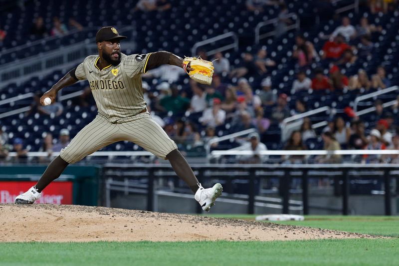 Jul 24, 2024; Washington, District of Columbia, USA; San Diego Padres pitcher Enyel De Los Santos (62) pitches against the Washington Nationals during the ninth inning at Nationals Park. Mandatory Credit: Geoff Burke-USA TODAY Sports